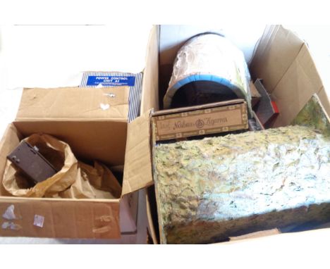 A box containing model railway items including Hornby Type 40 loco (a/f), Airfix trackside models, lighting accessories, Horn