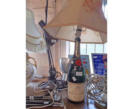 A Vintage Anglepoise Lamp (a/f), A Chrome Plated Photographer Clip on Lamp and Moet and Chandon Converted Bottle Lamp