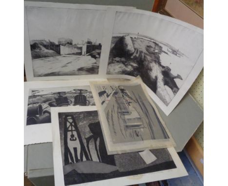 A folio containing three monochrome prints including Henk Hing "Kratseveer II", also two others on tissue print paper