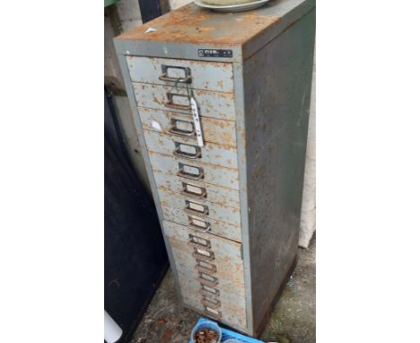 A vintage Bisley flight of fifteen metal drawers containing an assortment of tools and ironmongery