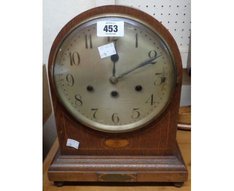 An Edwardian inlaid oak cased dome topped mantel clock with Junghans German eight day vertical chiming movement - presentatio