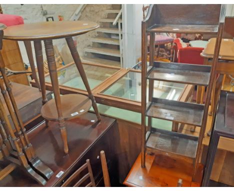 A 20" diameter Edwardian walnut cricket style two tier occasional table, set on ring turned supports - sold with a small oak 