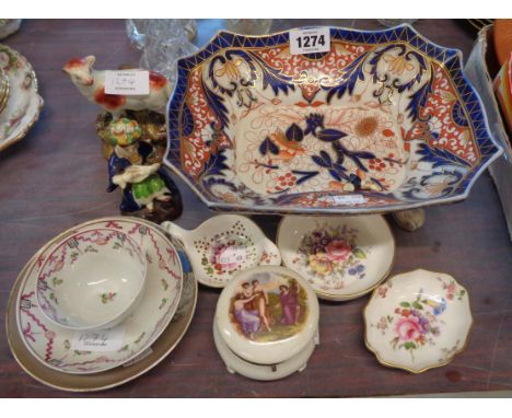 A selection of china including Crown Derby Imari style bowl, Staffordshire sheep figurine, New Hall tea bowl and saucer, etc.