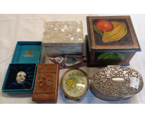 A box containing assorted boxes including carved wood, mother of pearl and modern Bilston enamel