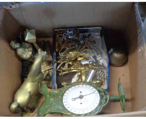 A box containing assorted metalware, including enamel faced scales, weights and brass figurines