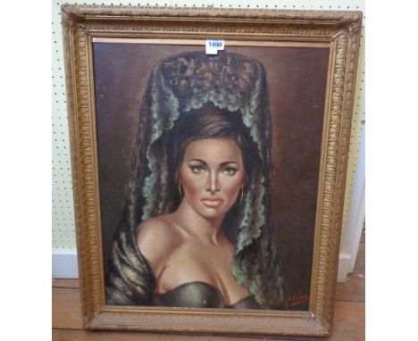 Da Gicilo: a gilt gesso framed mid 20th Century oil on canvas portrait of an Italian woman wearing dark headress