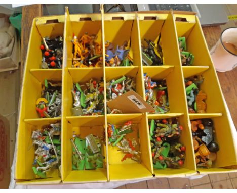 A 1970's Britains shop display box containing assorted space, crusader and army figurines