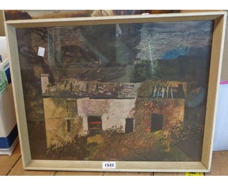 After John Piper: a framed coloured print, depicting a rural cottage