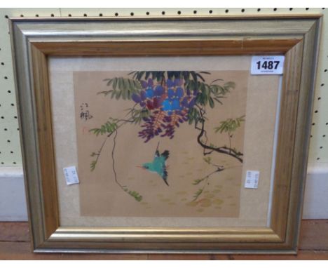 A framed late Chinese watercolour, depicting a bird, branch and flowers - signed with seal stamp