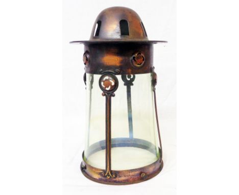 An art nouveau period coppered metal hall lamp with vaseline glass shade