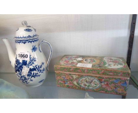 A19th Century Booths earthenware Worcester pine cone pattern coffee pot and lid - sold with a Famille Rose pen box (damaged)