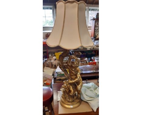 A Modern 20th Century Large Gilt Plaster Cherub Table Lamp