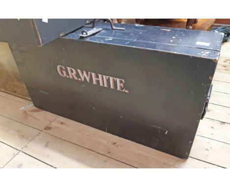 A old painted wood drop-front toolbox containing a quantity of assorted tools, marked for G. R. White to the front