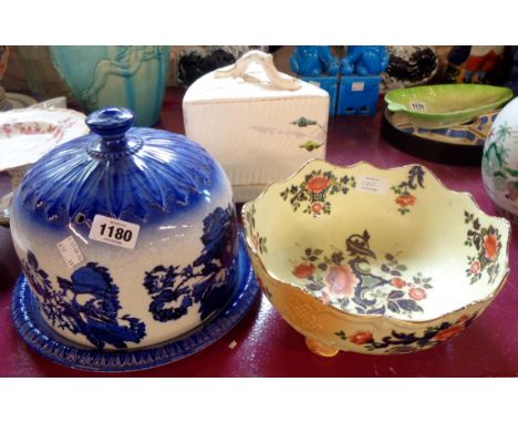 A modern blue and white cheese dish, a Carltonware bowl, and a Victorian cheese dish