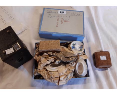 Assorted collectable items including miniature child's tea set, travelling alarm clock, vintage camera, etc.