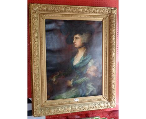 An ornate gilt gesso framed 20th Century oil on canvas portrait of a Gainsborough style lady - 28" X 21"