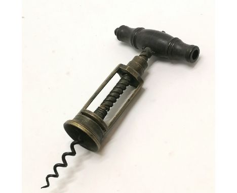 Antique brass Coney type open frame corkscrew with centering button - 20cm long and lacks brush 