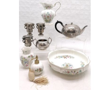Aynsley Wild Tudor water jug and basin set, Vase and matching scent, t/w Sheffield silver plated on copper teapot, with match