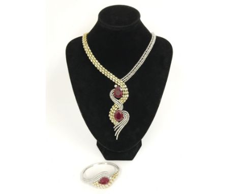 18ct WHITE & YELLOW GOLD NECKLACE SET 2 PEAR SHAPE RUBIES AND APPROXIMATELY 487 CUT DIAMONDSDIAMOND WEIGHT - APPROXIMATELY 14
