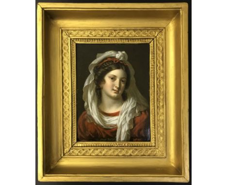 Attributed to Jaques Louis David 1748-1825 French. Oil on board. “Portrait of Mademoiselle Raveau”. Inscribed on the reverse.