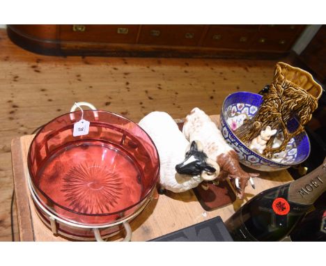 Model of Durham Ox, sheep, ruby glass bowl, Sylvac jug and Chinese bowl (5)