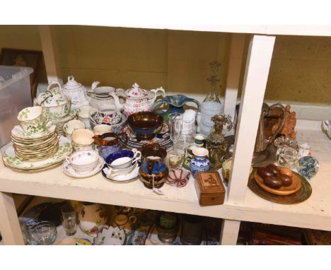Copper lustre wares, Victorian plates, teaware, twist stem glass, Victorian tea caddy, Linthorpe jar, etc