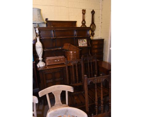 Ercol Old Colonial shelf back dresser and four dining chairs