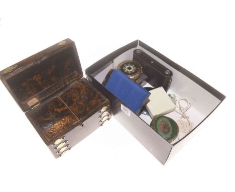 Papier-mache tea caddy, cased compact, silver cigarette box, etc