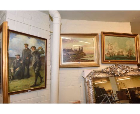 A.B. Washington, Herne Bay, signed and dated 1909, oil on canvas, framed; Shipping Scene, print; and golfing print after Clem