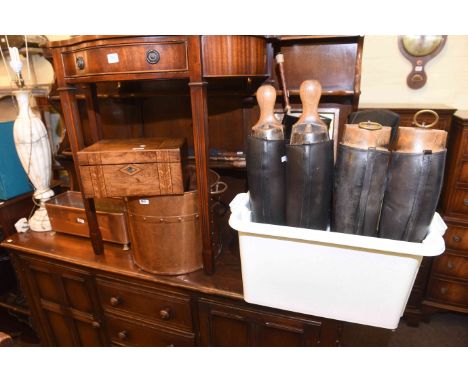 Three pairs of riding boots, Victorian inlaid box, framed butterfly collection, copper coal bucket, copper plant trough, alab