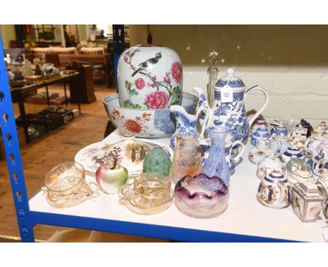 Oriental jar and bowl, blue and white ware, decanter, coloured glass, etc