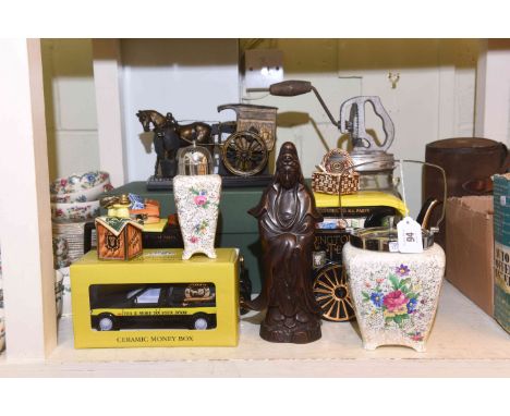 Two Ringtons teapots, Ringtons Your Tea Madam and money box, butter churn, figure, Midwinter caster and biscuit barrel