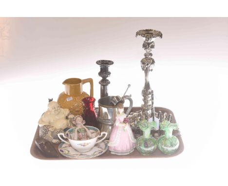 Victorian EP candlesticks, happy buddha, Royal Worcester figure, pin cushion lady, etc