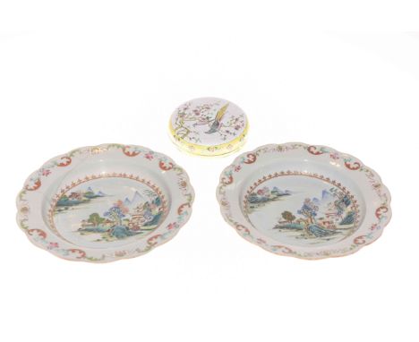 Cantonese enamel circular box and cover together with a pair of Chinese 18th Century enamel painted dishes (3)