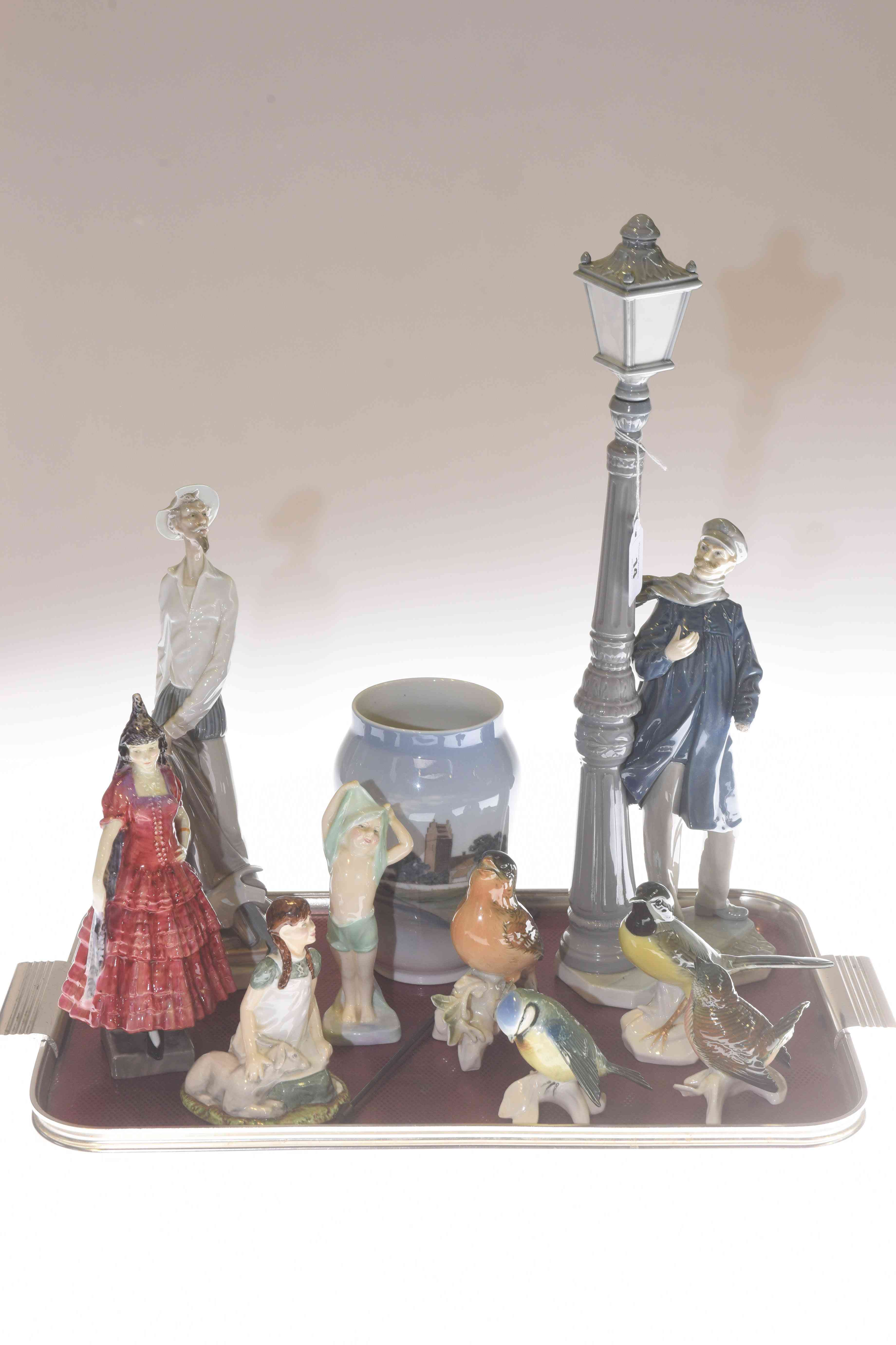 Lladro Lamplighter and Man with Sword, Royal Copenhagen vase, three