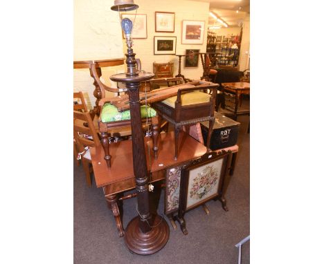 Victorian rectangular mahogany side table, two chairs, piano stool, mahogany standard lamp, two fire screens, boot jack and t