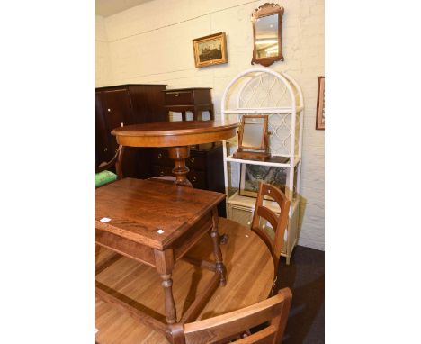 Painted rattan shelf unit, circular Italian style tripod table and oak turned leg storage table