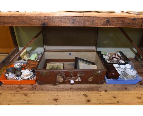 Vintage suitcase and old pictures, and four boxes with china, caddy and tea sets