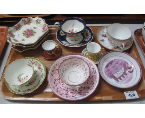 Tray of assorted china to include; lustre and other cabinet cups and saucers, Masons and Du Barry pin dishes etc. (B.P. 24% i