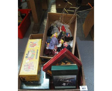 Box of vintage items to include; Pelham standard puppet SS Tyro Boy, Wentworth wooden jigsaws, Pollock's original Victorian t