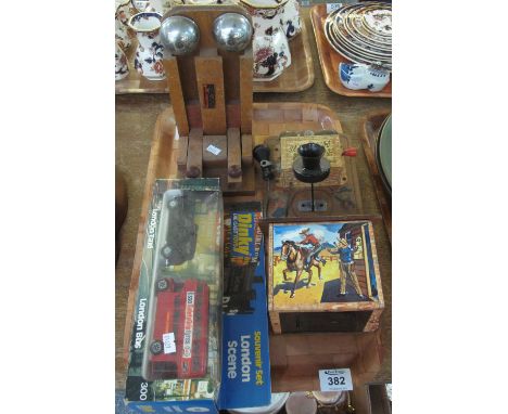 Vintage child's 'Ranch phone', together with a Dinky souvenir set London taxi and London bus 300 in original box and Teachem 