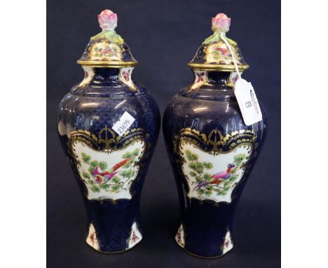 Pair of Royal Worcester porcelain baluster shaped vases and covers in 18th Century style with reserved panels of birds and bu