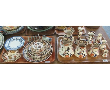 Two trays of mainly Masons Mandalay ironstone items to include; graduated pouch shaped dresser jugs, candlestick, vases, wall