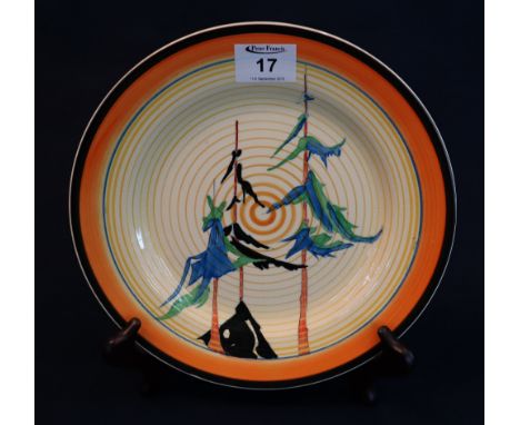 Wilkinson pottery Clarice Cliff design Bizarre series 'Pine Grove' pattern plate. 25.85cm diameter, printed and impressed mar