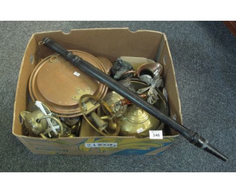 Box of assorted metalware, various to include; copper warming pan, preserving pan, door handles, door knocker, conical copper