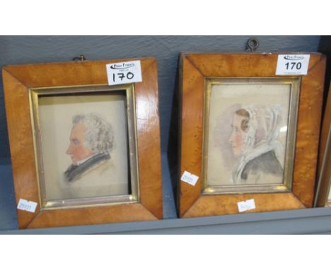 19th Century British School, a pair of miniature portrait studies, husband and wife, watercolours. Maple frames with gilt sli