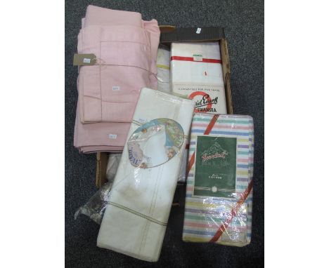 Box containing various vintage bed sheets, some still in original packing including; striped sheets with an Everest all cotto