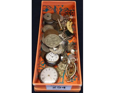 Small box of assorted coinage and oddments to include; various GB coins, silver open faced fob watch, gun metal fob watch, od