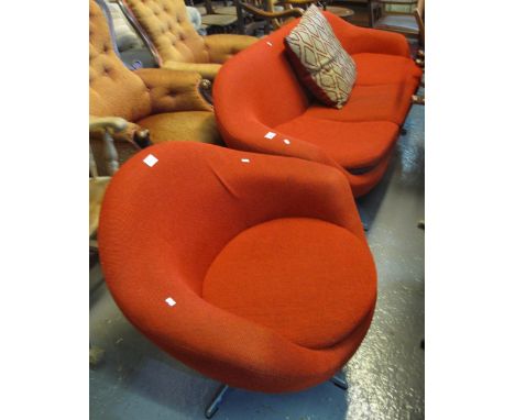 Mid Century upholstered two piece suite comprising; three seater sofa and swivel armchair on chrome frame. (2)(B.P. 24% incl.