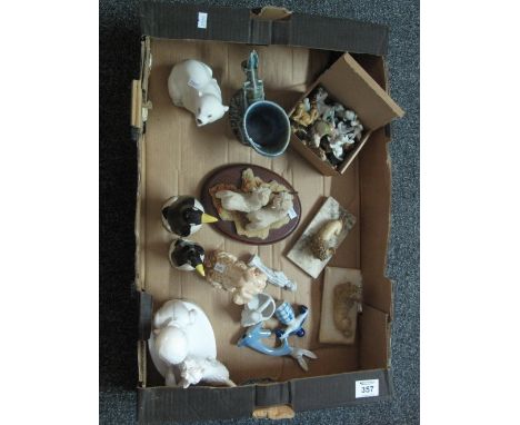 Box of assorted china to include; Spode 'Playtime' figure group, ceramic penguins, polar bear, Sylvac terrier, Wade whimsies,